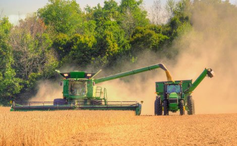 large farm vehicles processing crops in a field