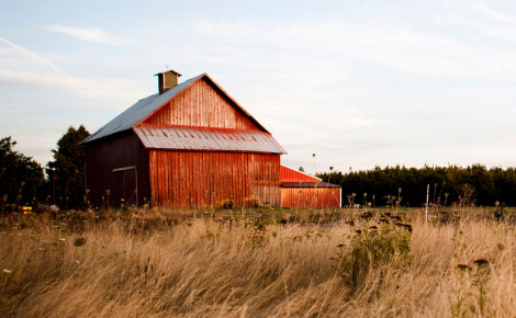 A large red barn in a field